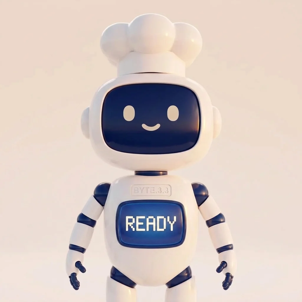 MØ 3.3, the RocketPlate chef robot — small BYTE.3.3 nameplate above a glowing READY chest screen, in a white chef hat with navy joints