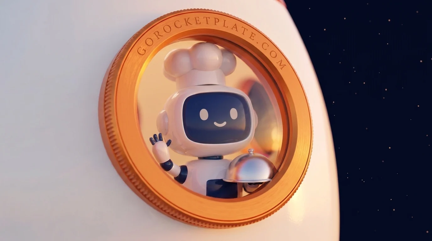 Rocky the rocket with MØ 3.3 waving in the engraved GOROCKETPLATE.COM porthole