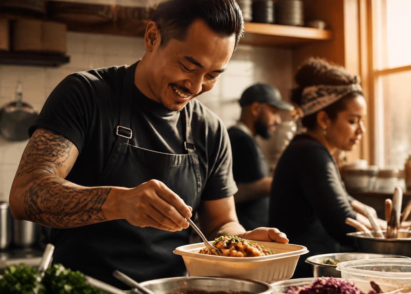 A smiling chef plating fresh food in a warm restaurant kitchen
