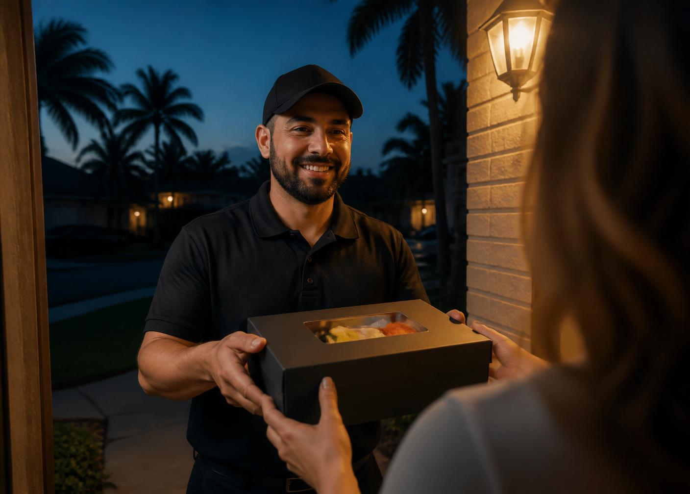 A RocketPlate driver handing a hot meal to a customer at their door at dusk