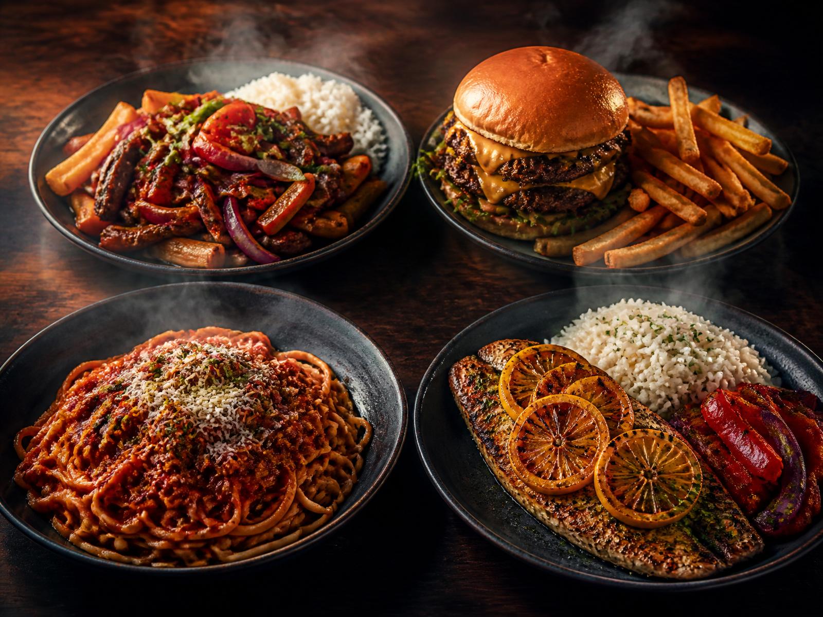 Four steaming restaurant dinners — lomo saltado, a smash burger, pasta, and grilled fish