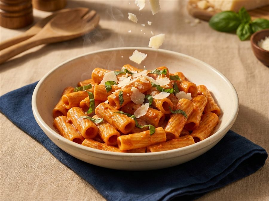 Rigatoni alla vodka with basil and shaved parmesan