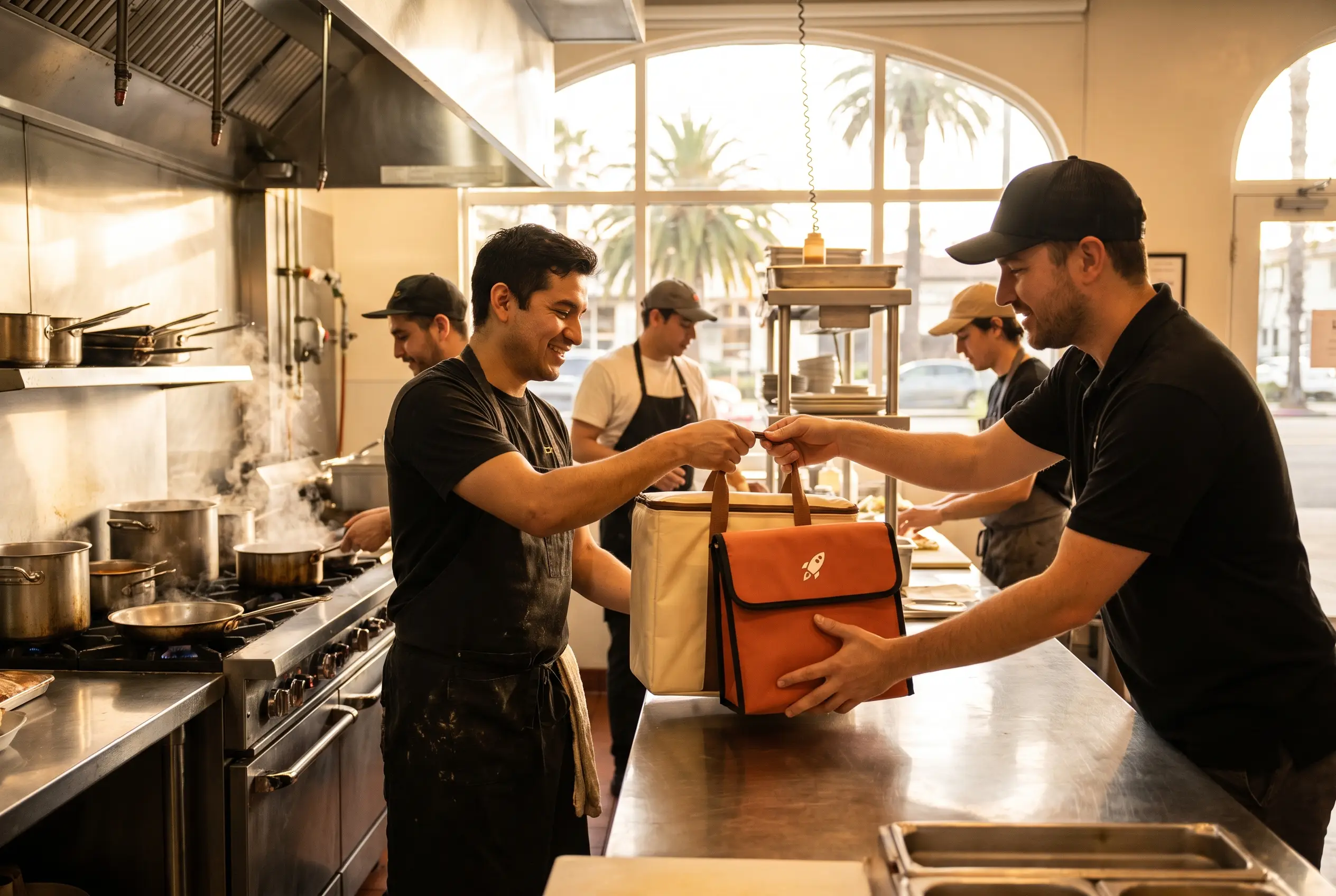 A line cook handing a sealed RocketPlate delivery bag to a driver